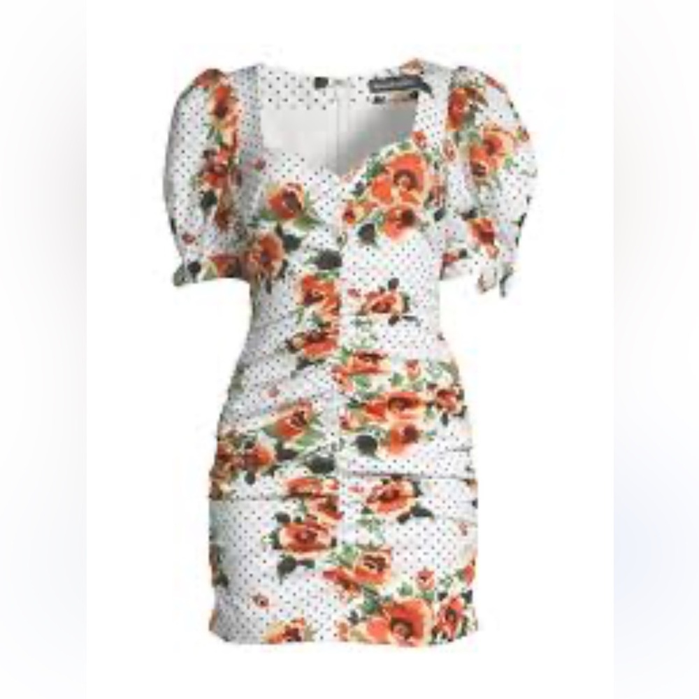 New lavish Alice Orange Flroql Ruched puff sleeve Mini dress Sweet and Sexy 2 S